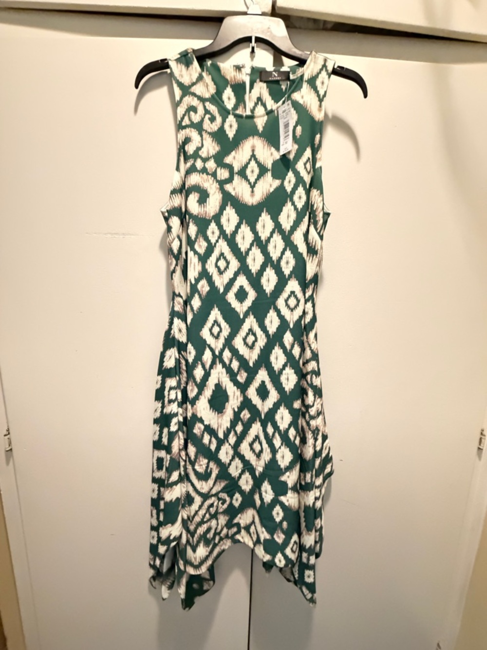 Sleeveless Green & Cream Ikat Print A-line Dress